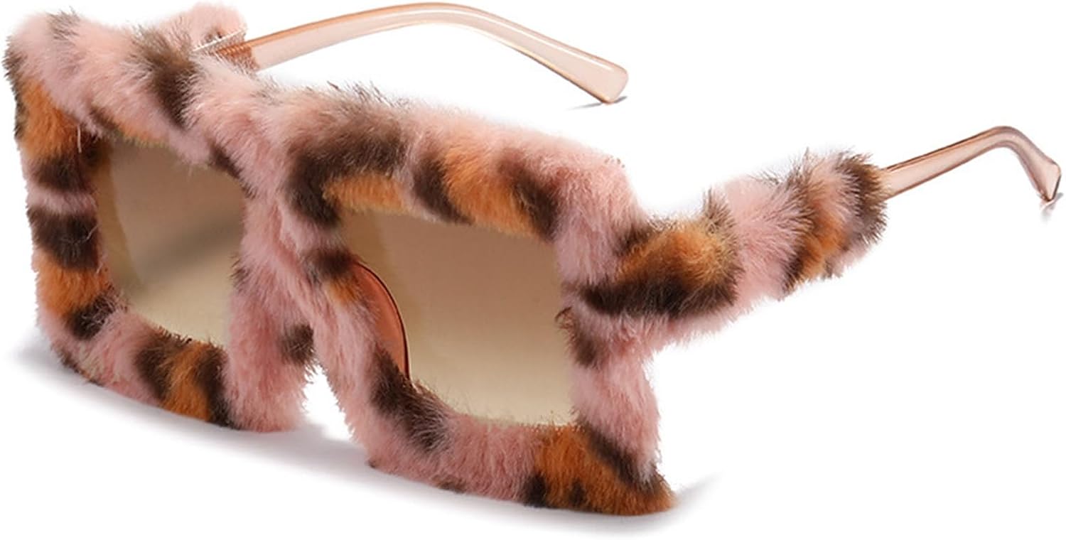 

Меховые солнцезащитные очки в стиле Y2K для женщин и мужчин, пушистые плюшевые солнцезащитные очки, модные очки для вечеринок, панк-стиль, мягкие бархатные солнцезащитные очки YISHATIER, Pink Leopard / Brown