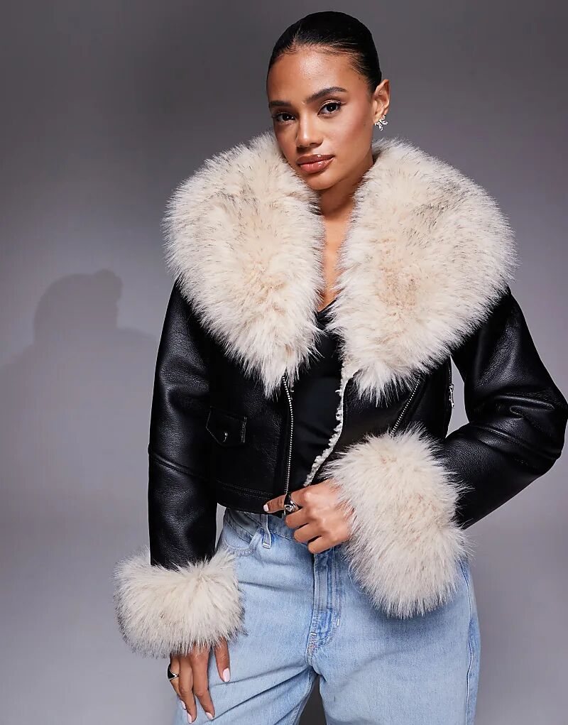 

Укороченная байкерская куртка River Island с воротником из искусственного меха черного цвета