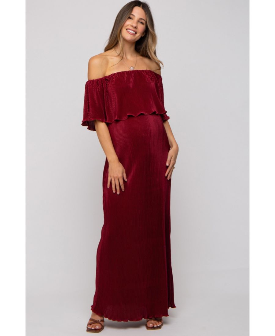 

Длинное платье для беременных, лесного зеленого цвета, с плиссировкой и оборками, с открытыми плечами Pinkblush, Burgundy