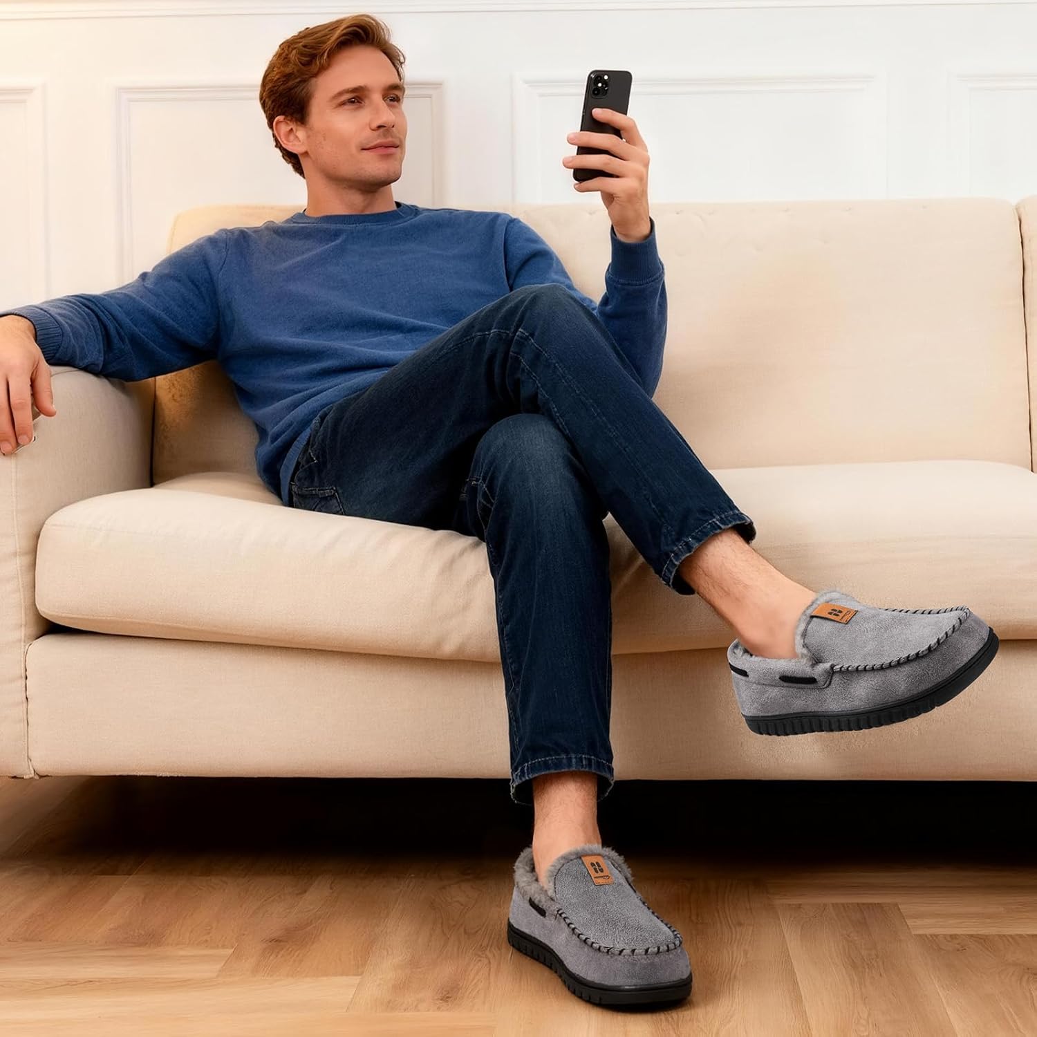 Домашние мужские мокасины HomeTop из замши с мемори-пенной стелькой, мягкой плюшевой теплой подкладкой, серый — фото 2