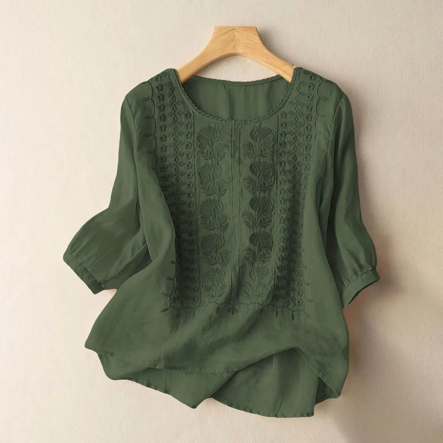 Блуза из льна и хлопка, свободная, без воротника, бежевый — фото 3