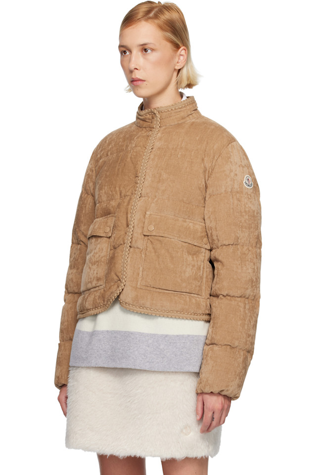 Moncler Короткая пуховая куртка из вельвета с плетеной отделкой цвета хаки от Essarts — фото 4