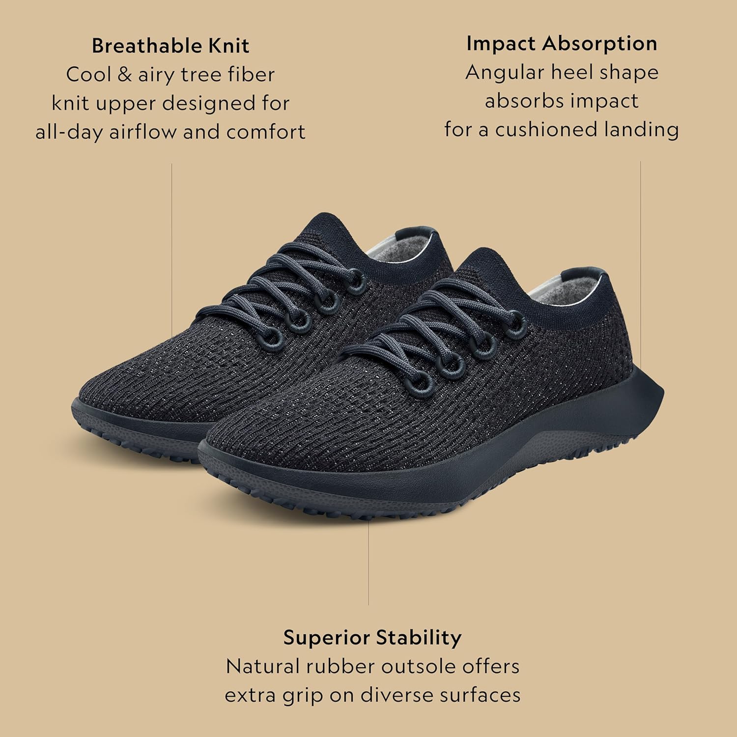 Мужские кроссовки Allbirds Tree Dasher 2 для активного бега и ходьбы, черный/черный — фото 3