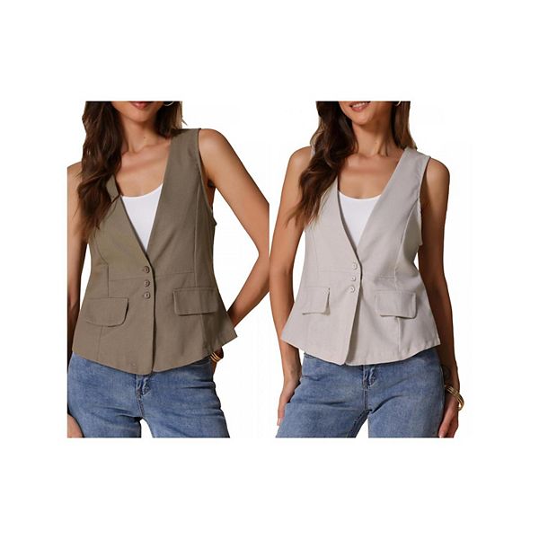 

2 упаковки женский повседневный жилет из льна без рукавов Inspire Chic, Khaki Beige Gray