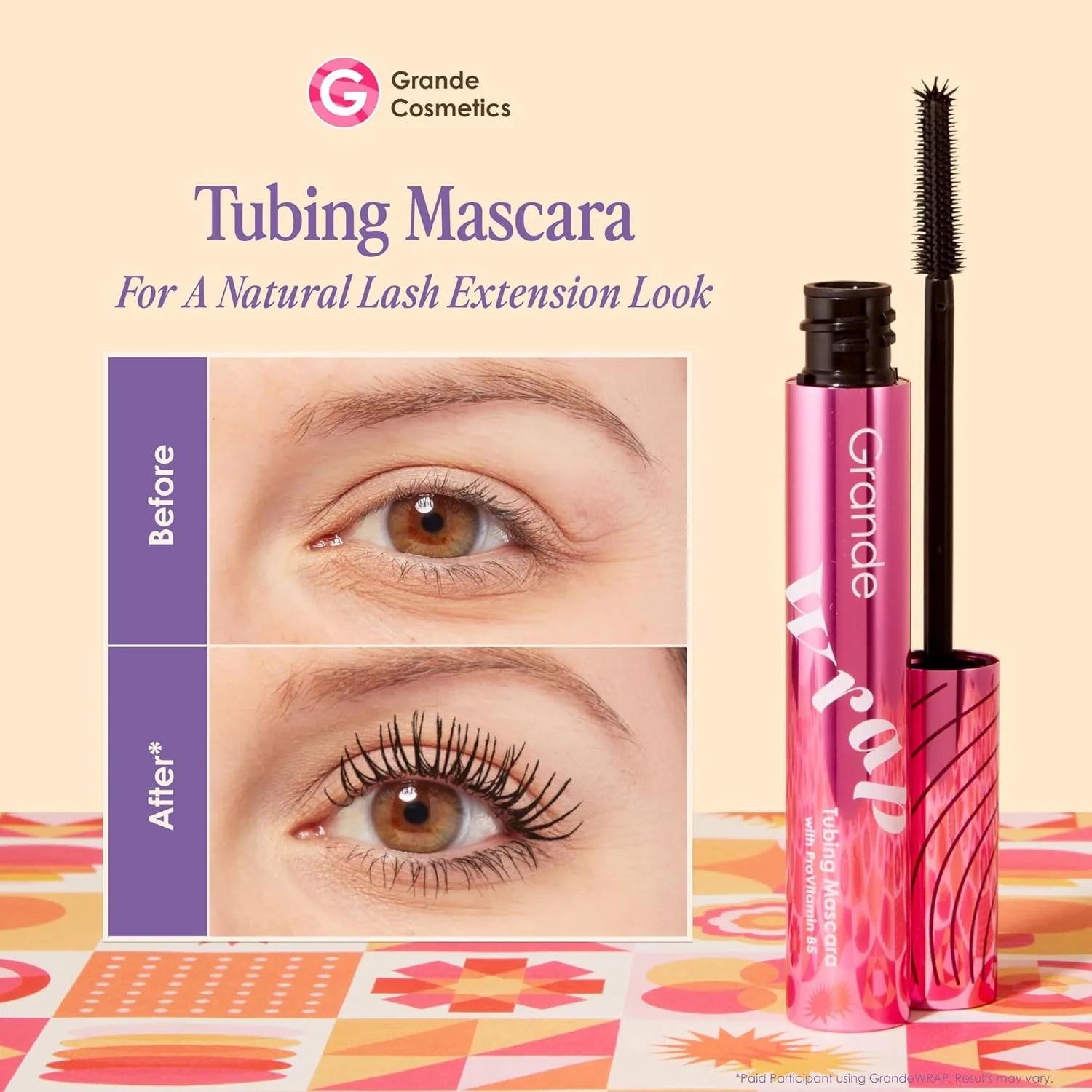 Grande Cosmetics GrandeWRAP Tubing Mascara - наращиваемый объем и длина, подъем, завивка и разделение ресниц, устойчивость к размазыванию, легкая формула, без осыпания, стойкость на весь день, легкое снятие, с провитамином B5 - Black, Black — фото 2