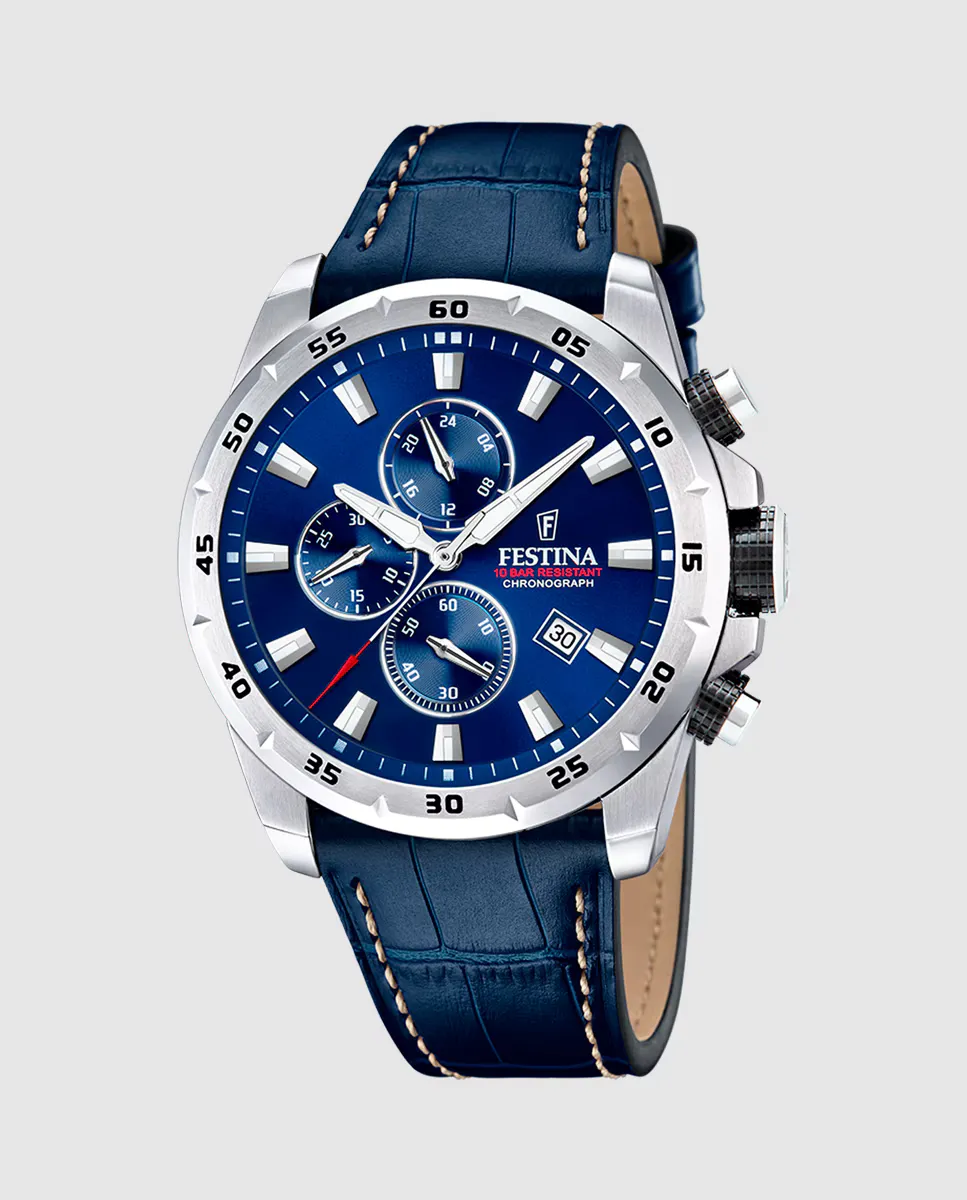 

F20692/2 Timeless Chronograph Синие кожаные мужские часы Festina, синий