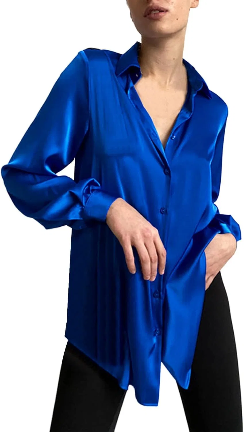 Блуза, многослойный дизайн с воротником, Women's Layering Style Shirt, синий