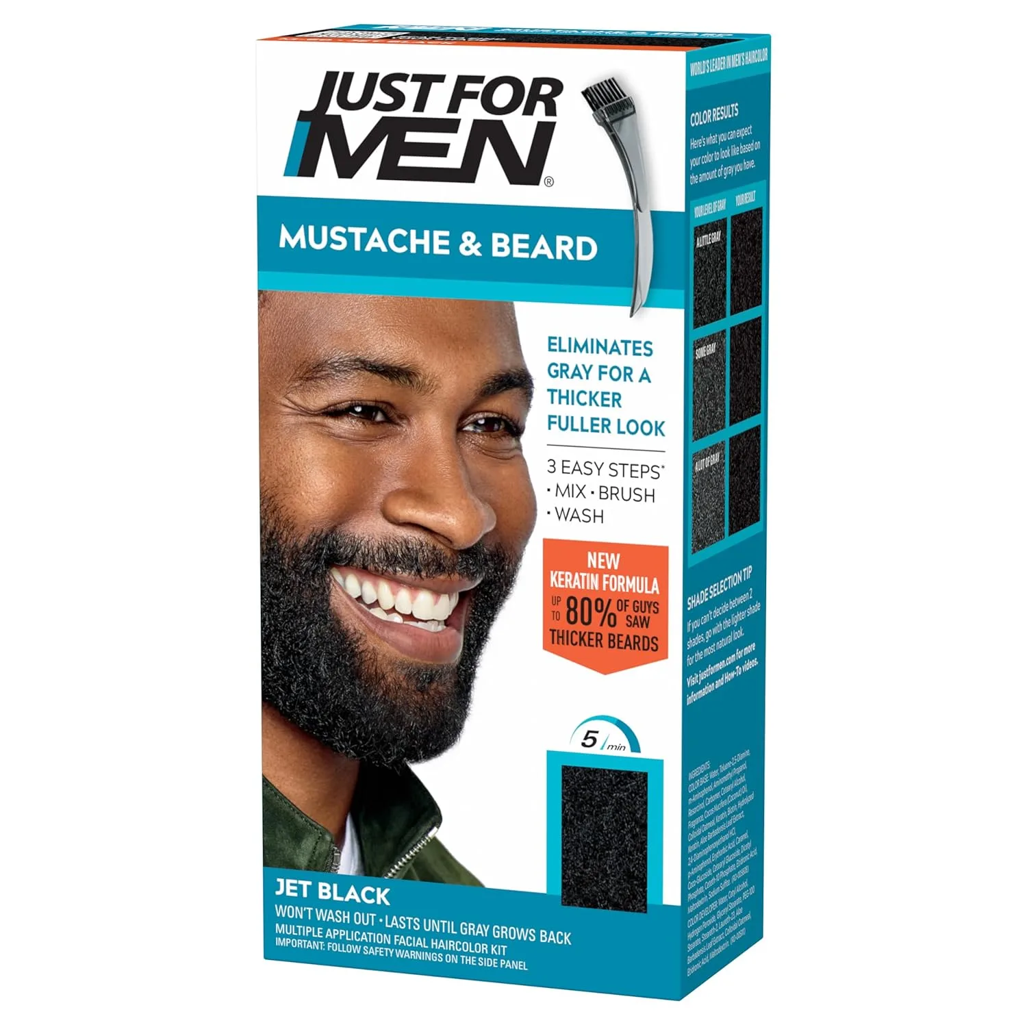Just For Men Mustache & Beard, окрашивание бороды для седых волос с кистью, с кератином, биотином, алоэ и кокосовым маслом для здоровой растительности - Jet Black, M-60, 1 шт 1 штука (1 шт.), Jet Black M-60