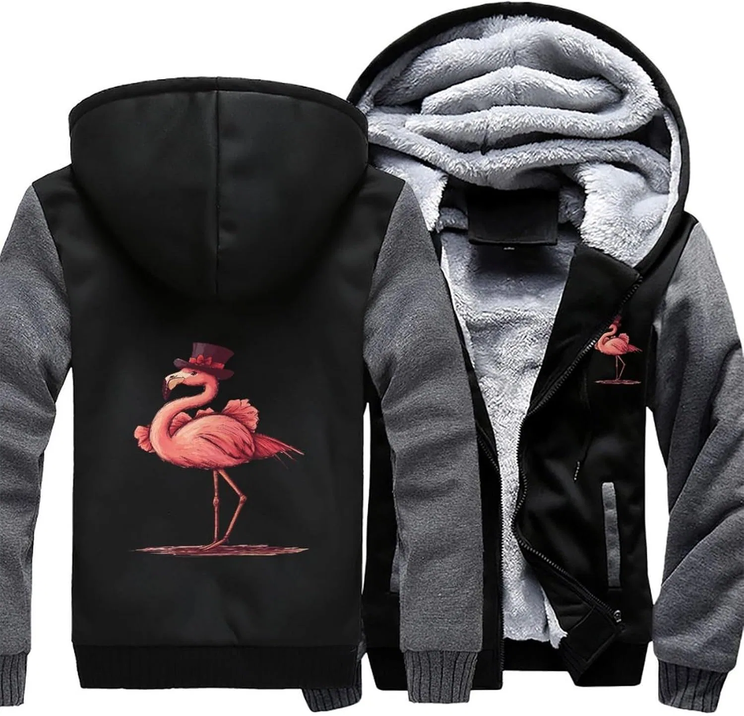 Толстовка мужская на молнии с флисом, Top Hat Flamingos, серый — фото 3