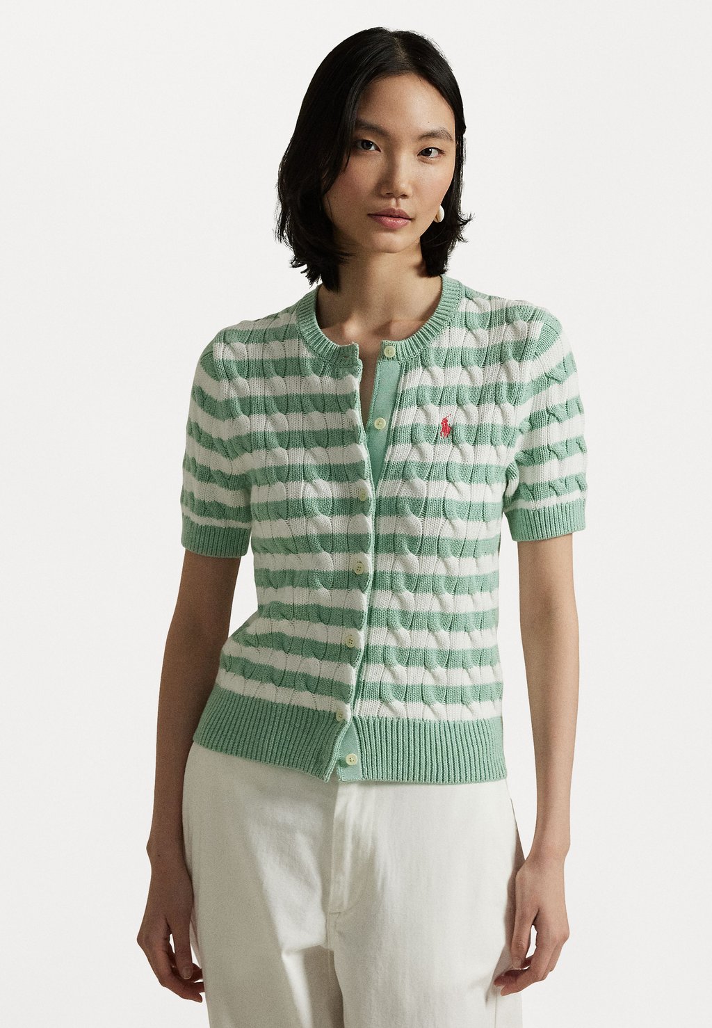 

Кардиган STRIPED CABLE KNIT SHORT SLEEVE CARDIGAN Polo Ralph Lauren, темно-синий