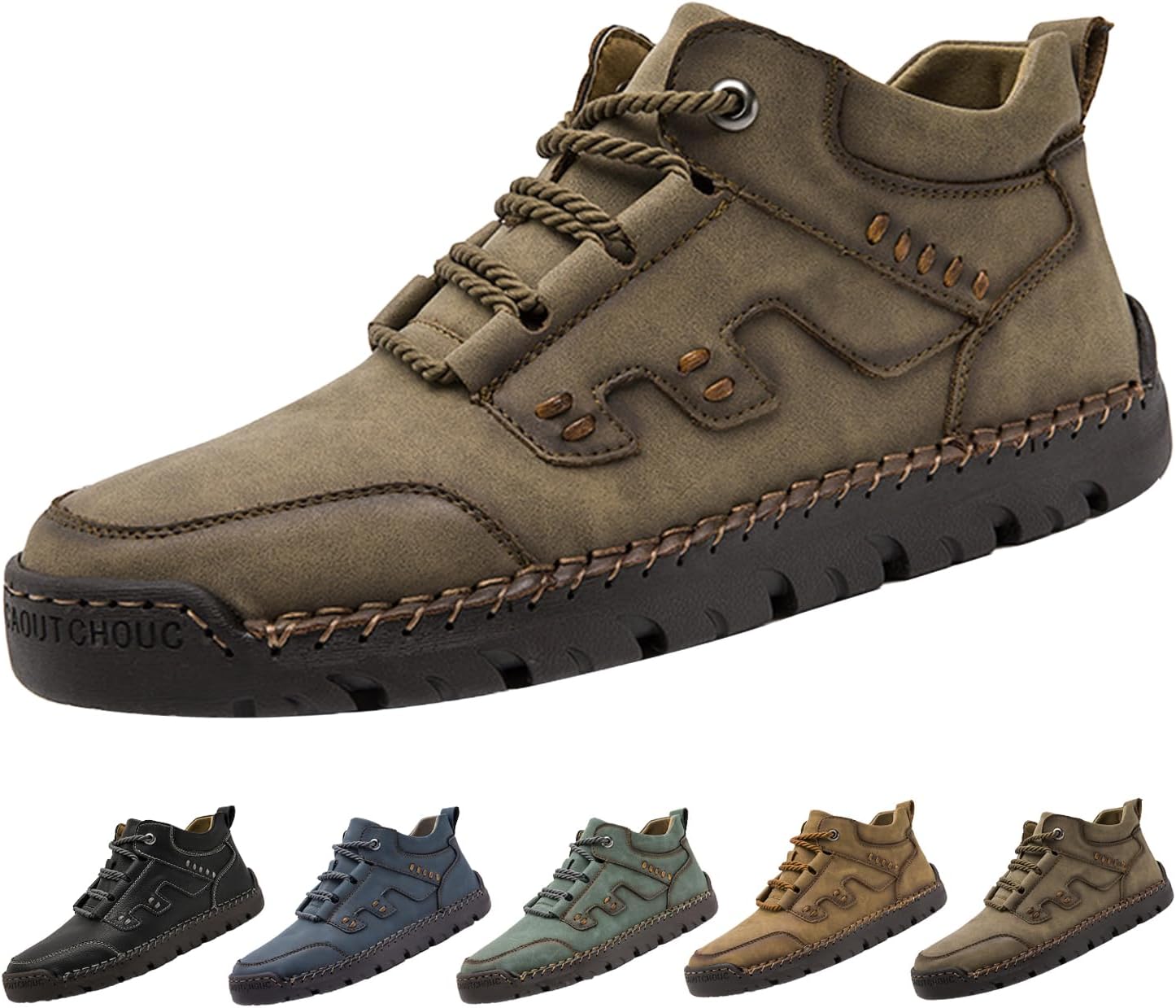 

Мужские походные повседневные кожаные туфли, винтажные удобные с ручной строчкой, шнуровкой, водонепроницаемые, противоскользящие кроссовки для треккинга Hneowgn, хаки