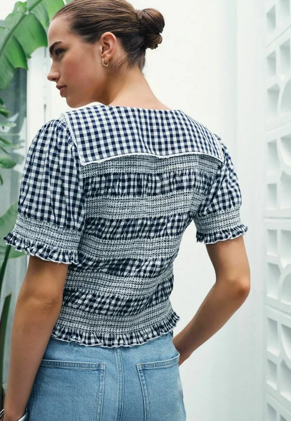 Блузка прямого кроя с матросским воротником и завязками спереди Next, Navy Blue Gingham — фото 3