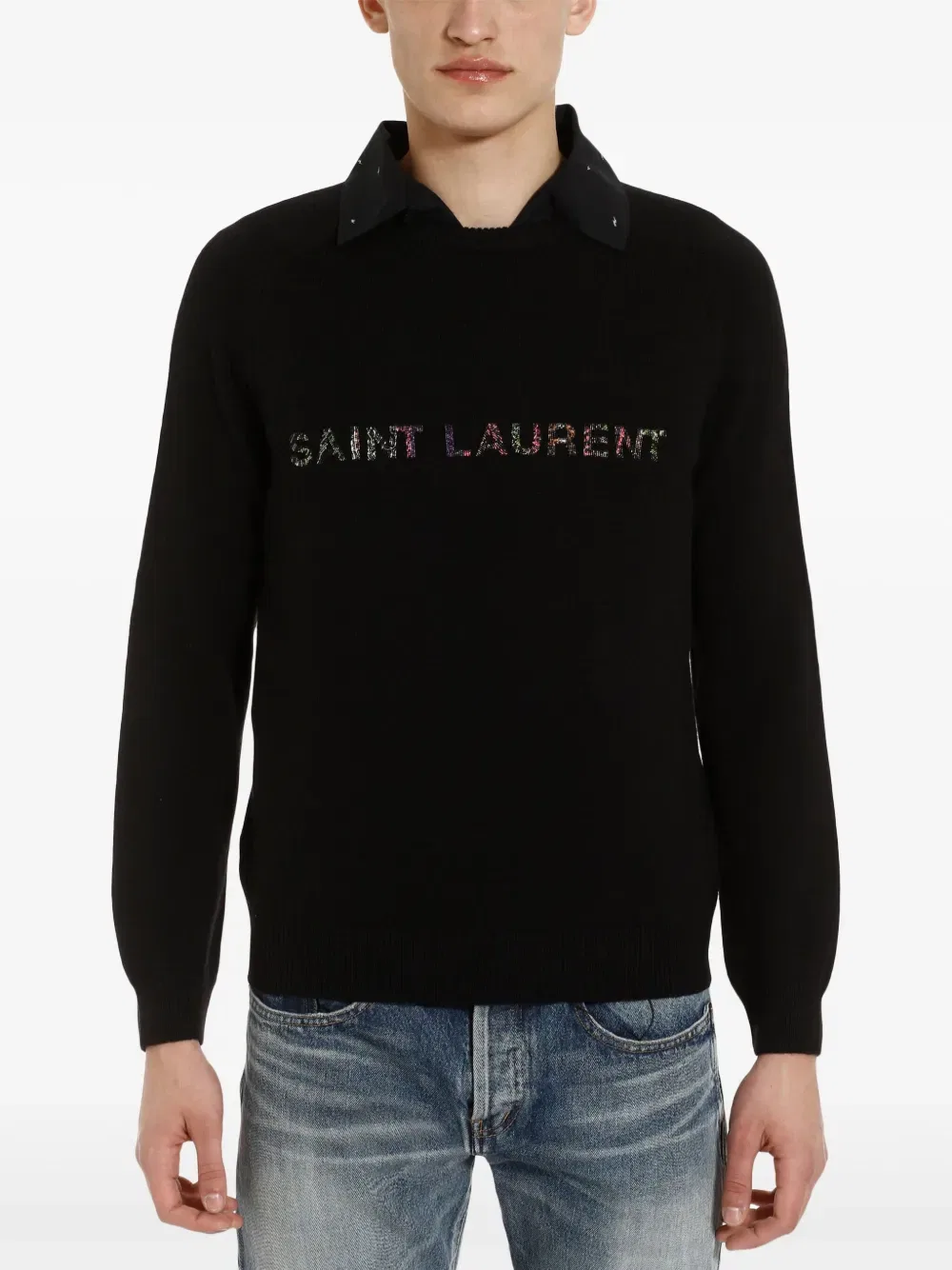 Свитер с вышитым логотипом из бисера Saint Laurent, черный — фото 3