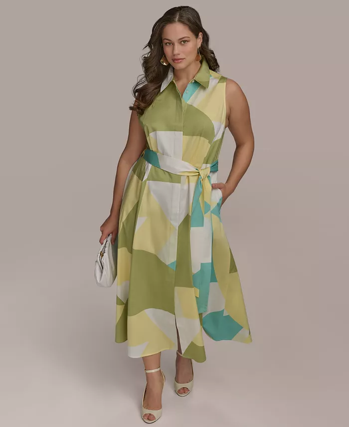 

Платье-рубашка без рукавов с принтом и поясом Plus Size Donna Karan New York, зеленый