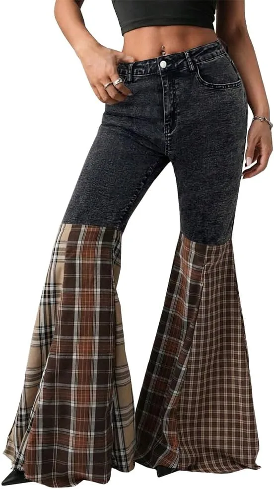 

Женские джинсы с высокой талией и расклешенным низом в стиле пэчворк TACSTRUN