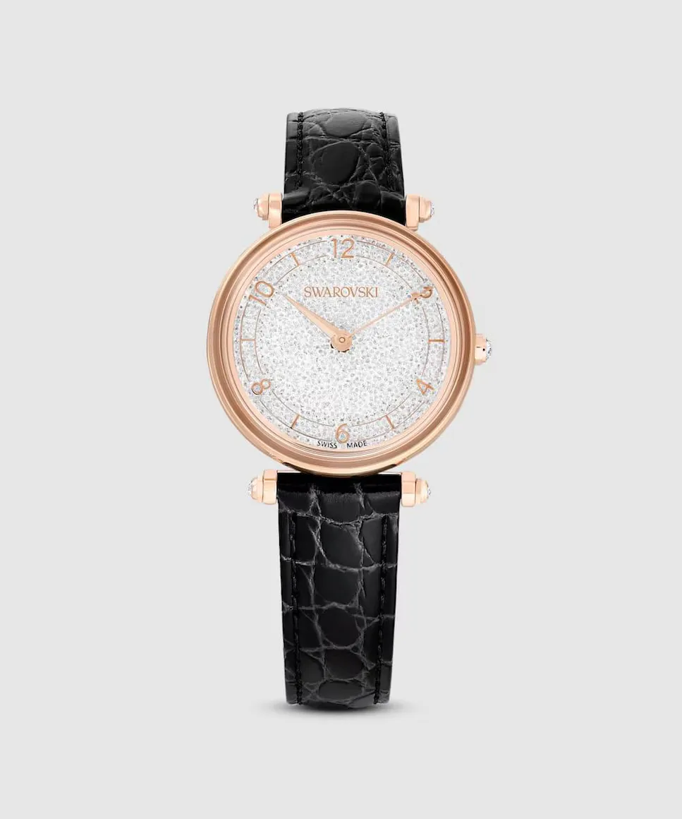 

Женские круглые часы Crystalline Wonder с черной кожаной сеткой Swarovski