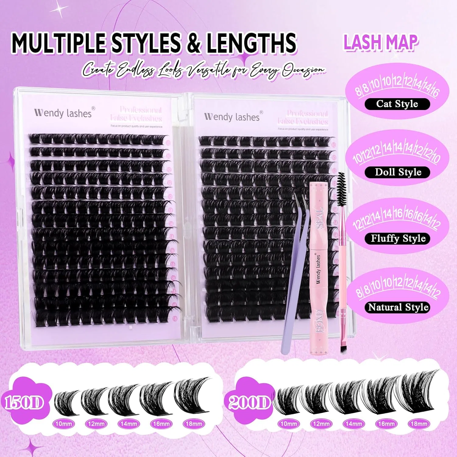 Набор для наращивания ресниц 150D + 200D D-изгиб от 10 до 18 мм Wendy Lashes — фото 2
