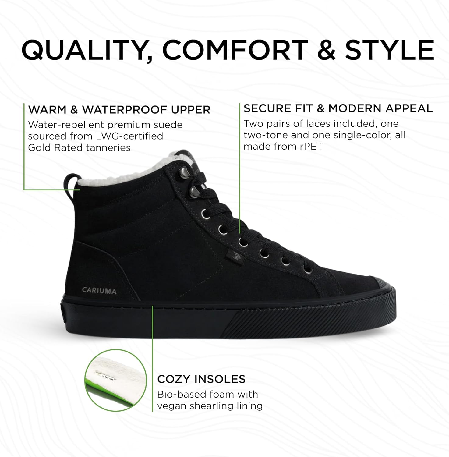 Ботинки Cariuma OCA Therma High Tops из замши, удобная обувь для мужчин, легкие и экологичные, универсальная повседневная обувь с 100 веганскими стельками и резиновой подошвой, черный — фото 2