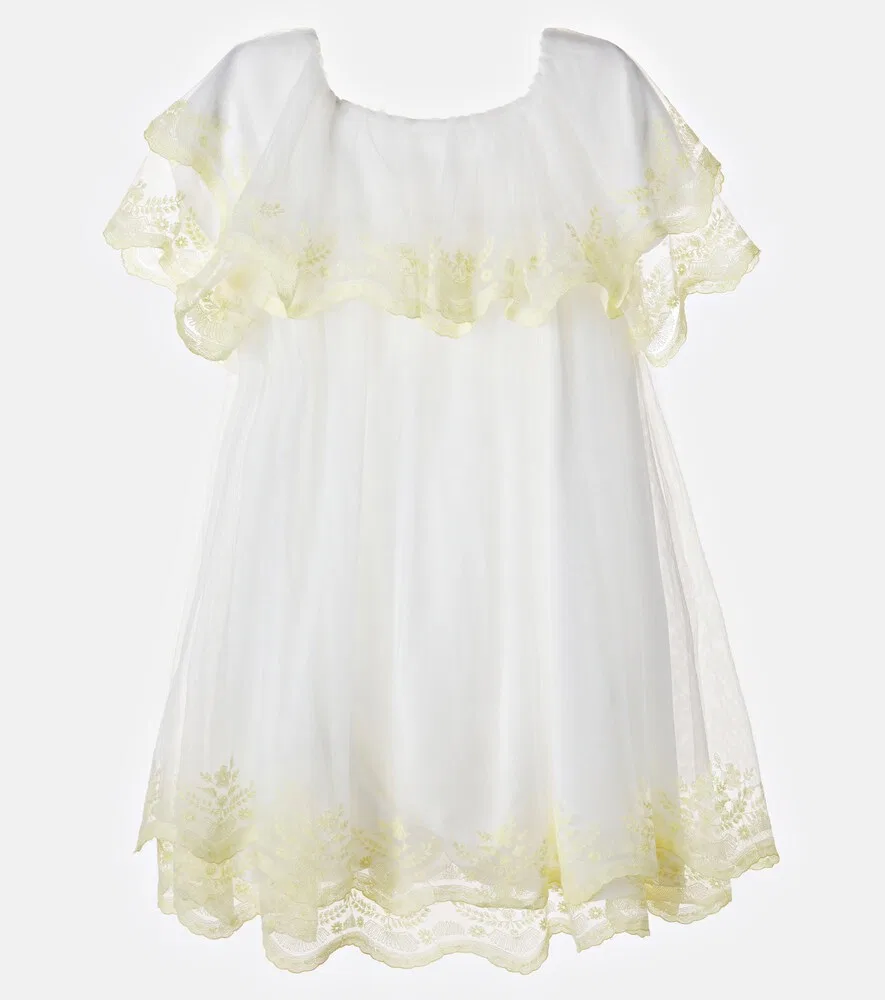 Платье из вышитого тюля Chloé Kids, белый — фото 2