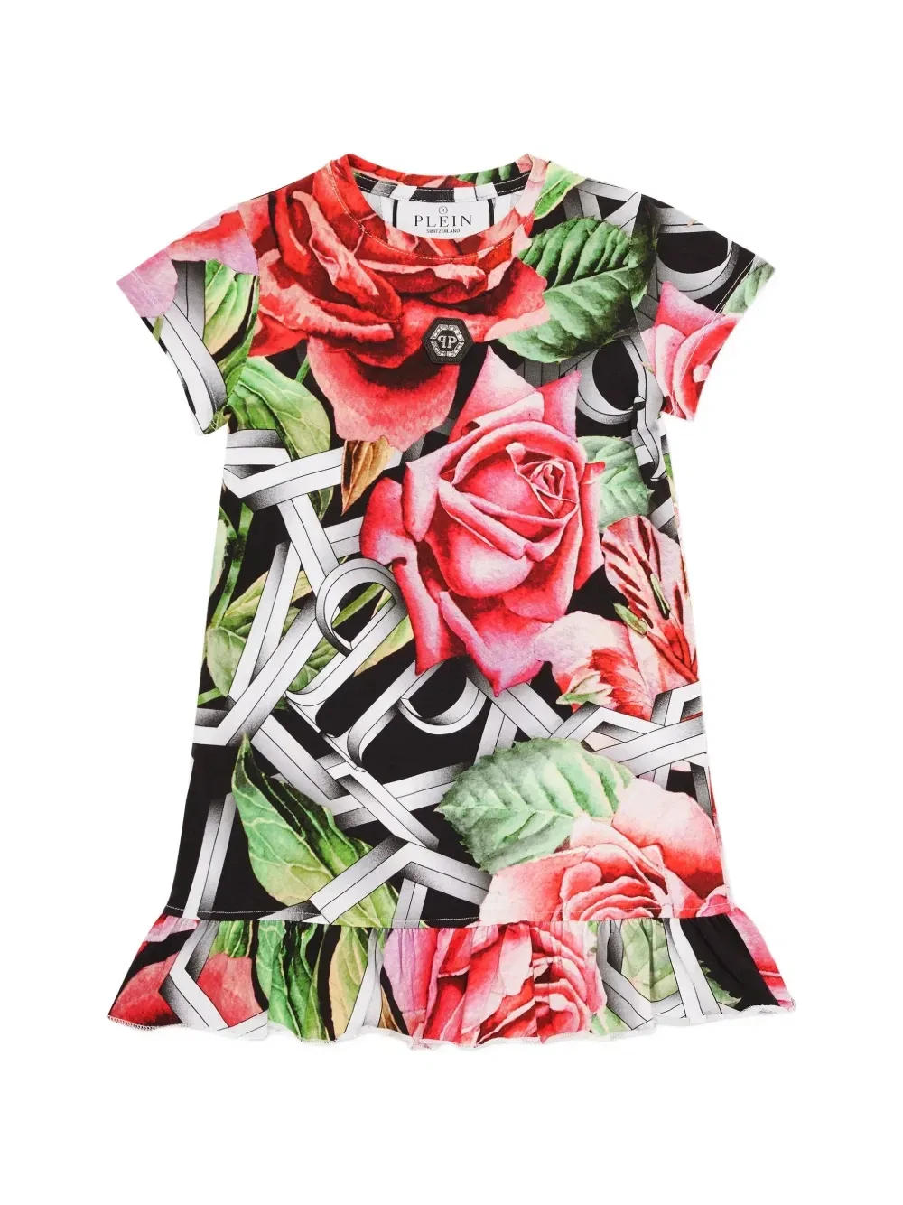 Платье-макси с оборками и цветочным принтом Roses Philipp Plein Junior, черный