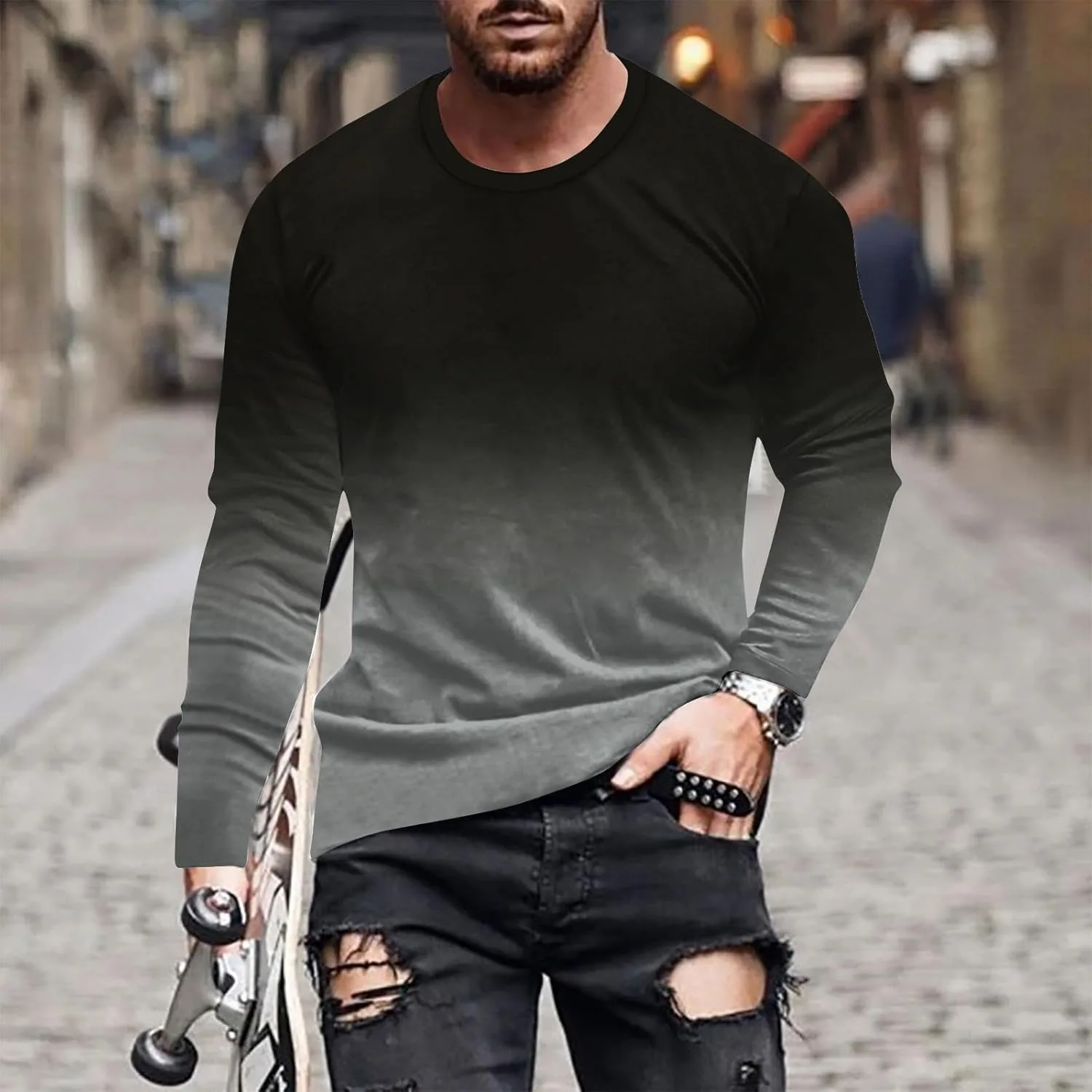 Мужская футболка с длинным рукавом Casual Ombre Color Loose Fit Graphic Tee — фото 2