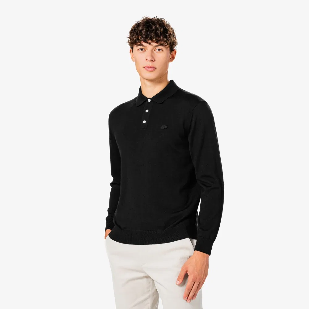 Мужской чёрный свитер-поло с длинными рукавами из шерсти от Lacoste — фото 4