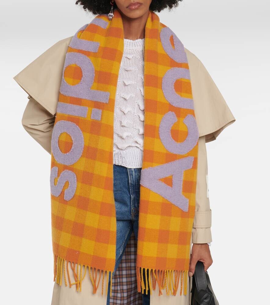 Шарф из смесовой шерсти в клетку с логотипом Acne Studios, разноцветный — фото 3
