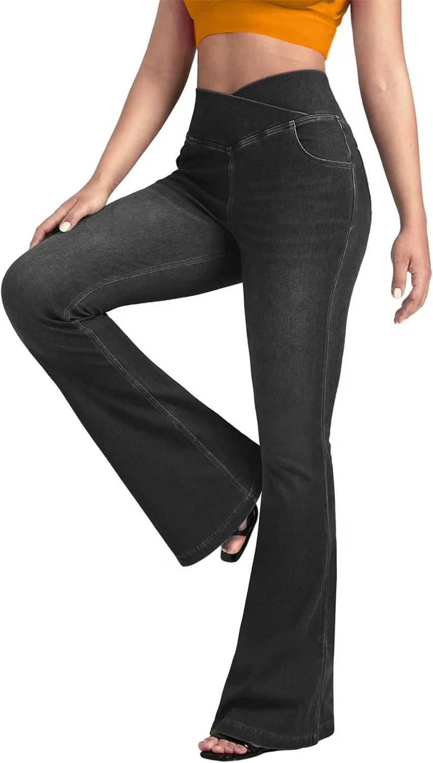 Джинсы клеш, High Waisted Crossover, серый
