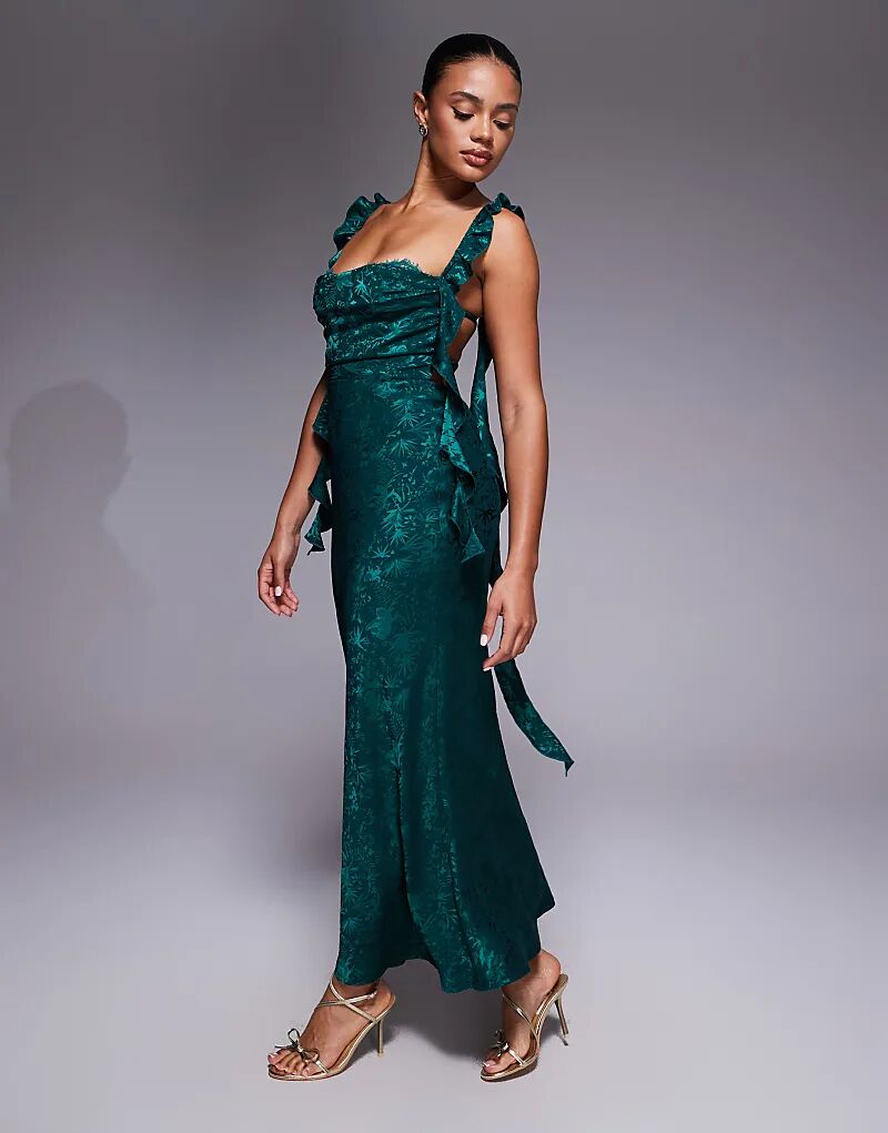 

Rare лондонское атласное жаккардовое кружевное платье макси с отделкой на груди и оборками в изумрудном цвете