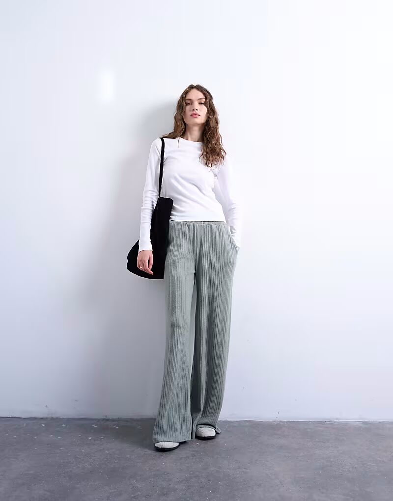 

Широкие брюки в рубчик, шалфейно-зеленого цвета Topshop