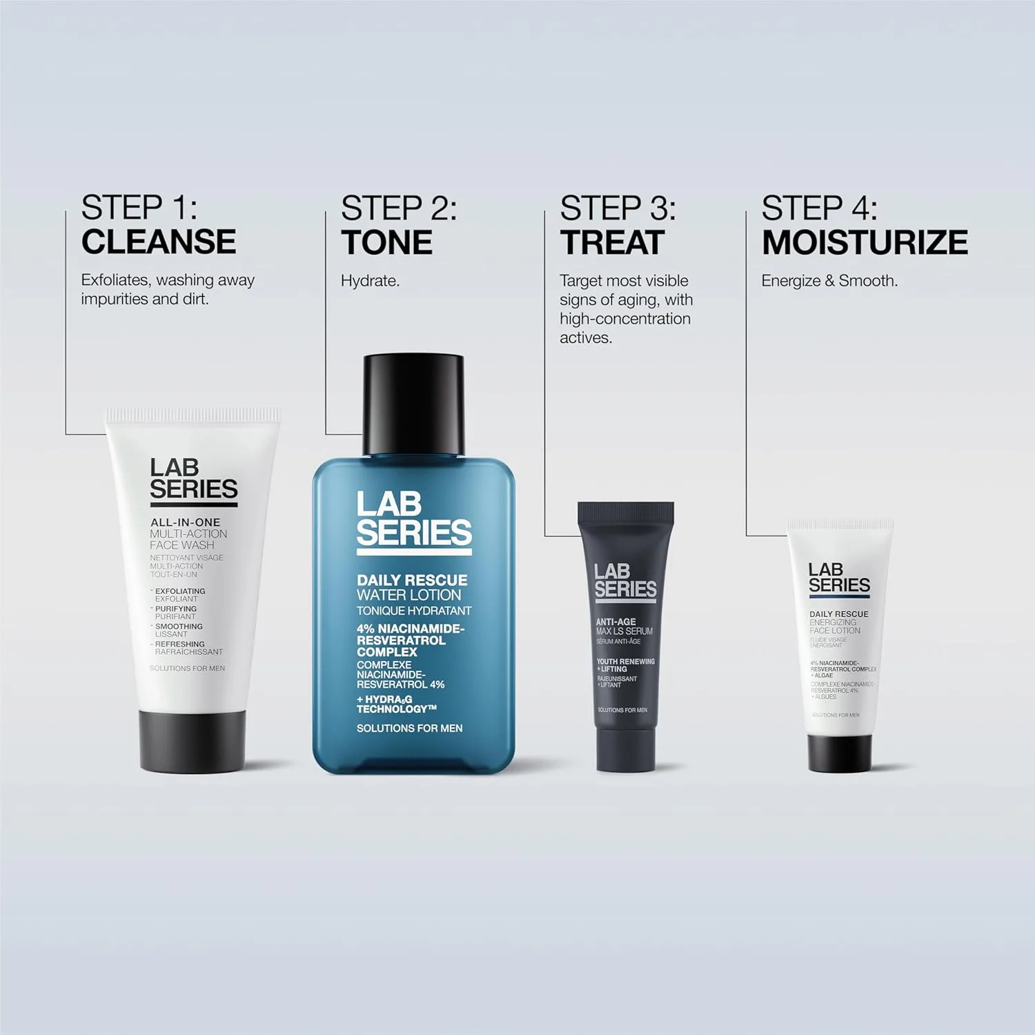 Lab Series Travel Size Essentials набор для ухода за кожей для мужчин: All-In-One Face Wash 30 мл, Daily Rescue Face Toner 30 мл, Daily Rescue Face Lotion 6 мл и Max LS Face Serum 6 мл — фото 3