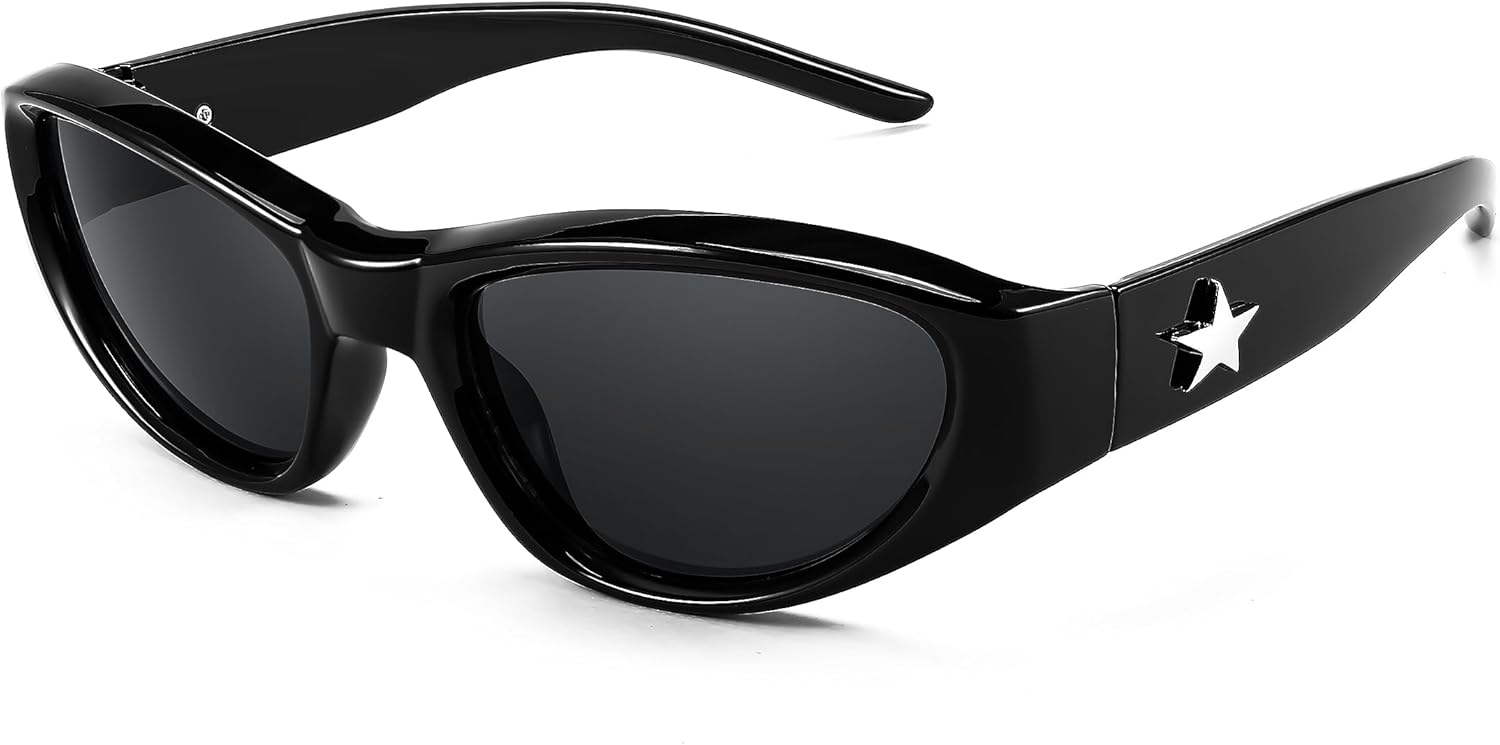 

FEISEDY Y2K — модные солнцезащитные очки с обтекаемой формой для женщин и мужчин, стильные футуристические аксессуары в стиле 2000-х, овальные солнцезащитные очки B1088, Black Frame Grey Lens