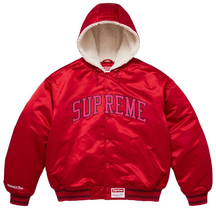 

Атласная куртка-бомбер Supreme x Mitchell & Ness с подкладкой и капюшоном, красный