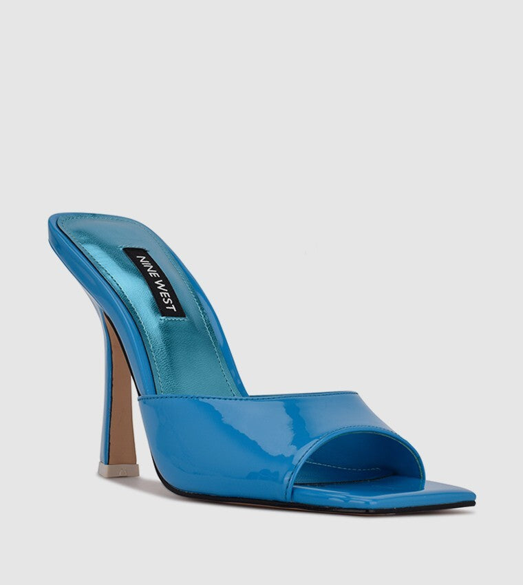 Nine West Aurea Sandals Women's Blue Patent Slip On Square Toe Slide JOBB317