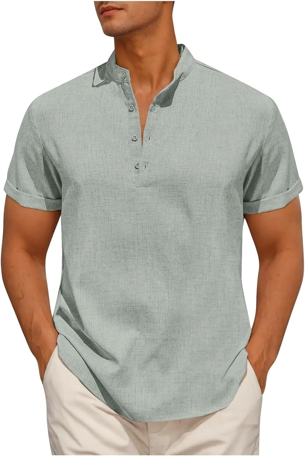 

Мужская хлопковая льняная рубашка с коротким рукавом Henley QUNPIU