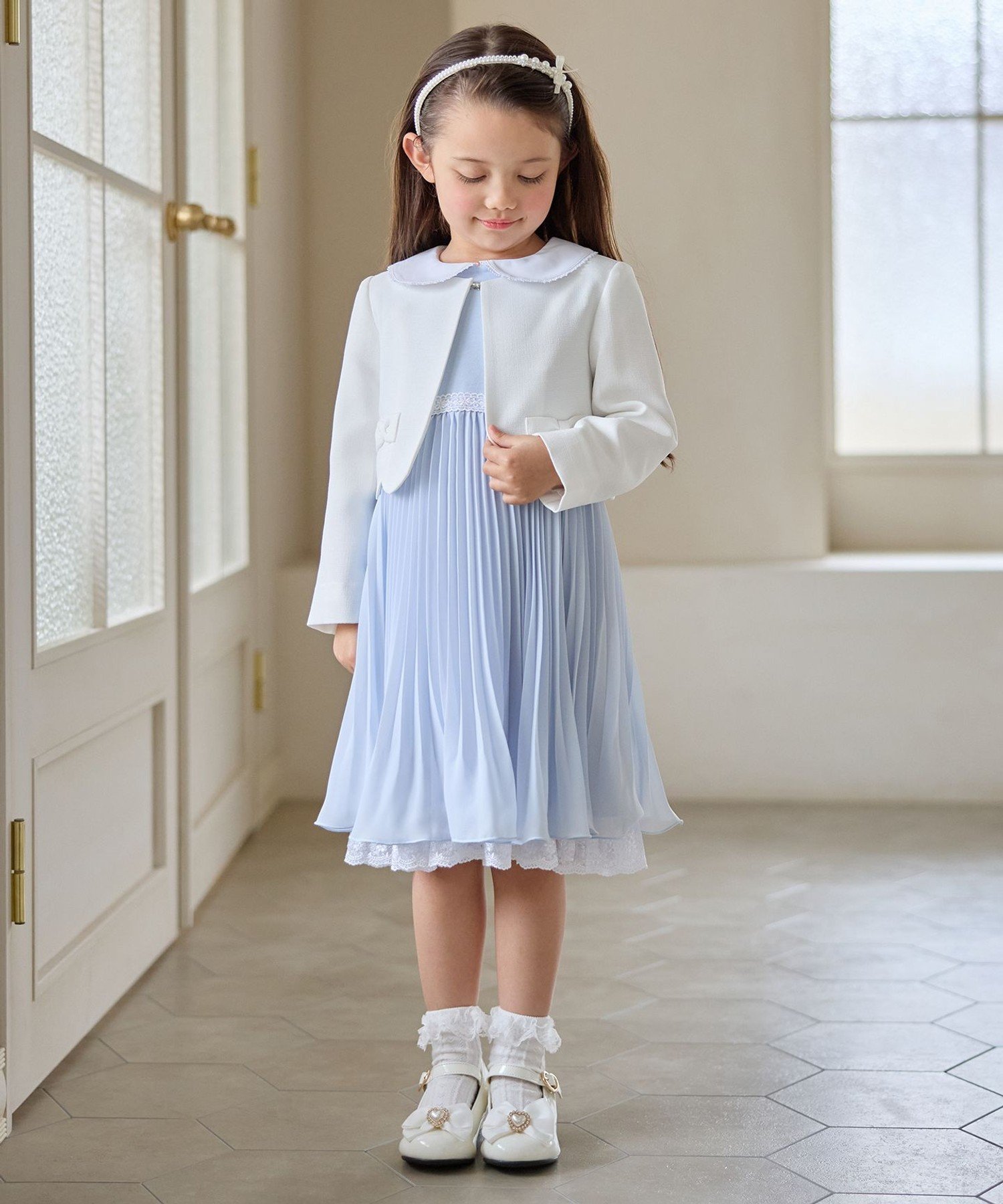 [Комплект из 2 предметов] Болеро с лентами + плиссированное платье из шифона Any Kids, Sax Blue [073] — фото 3