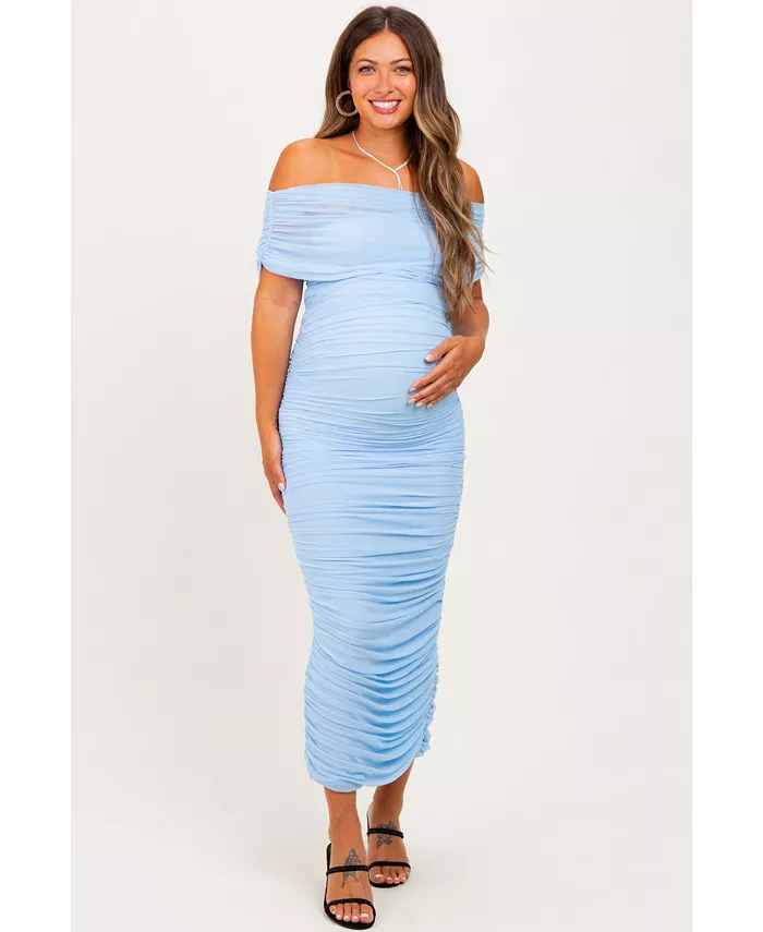 

Беременное лавандовое плиссированное сетчатое платье макси с открытыми плечами и отложным поясом Pinkblush, синий