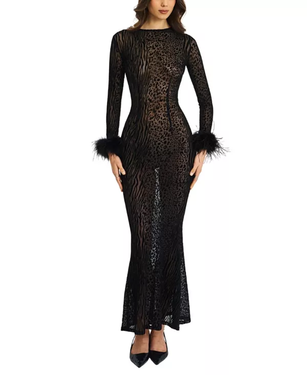 

Платье-Макси Patricia из бархатной сетки с перьевой отделкой рукавов Miss Circle, черный