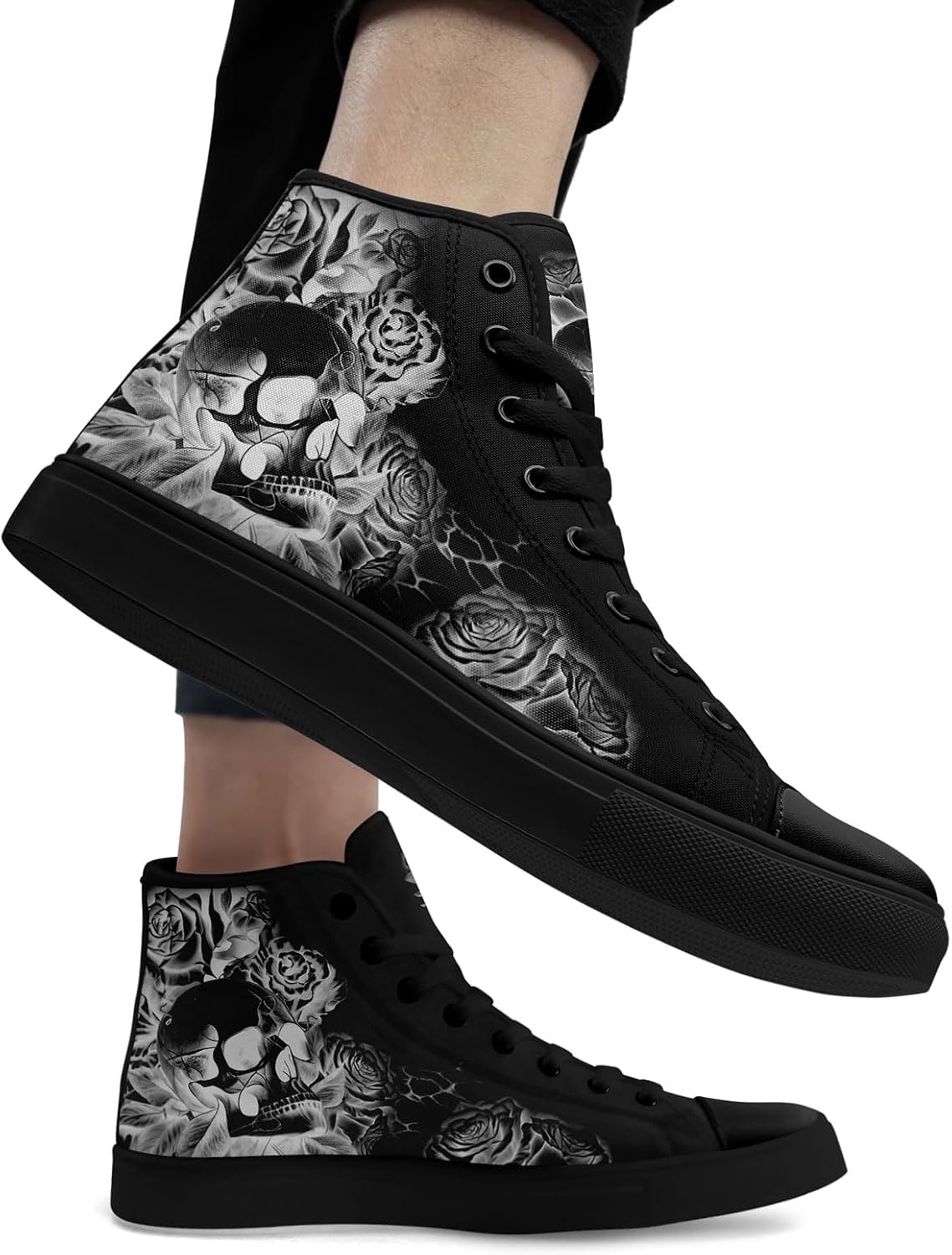 Крутые индивидуальные кроссовки Skull High Tops из холщовой ткани для мужчин и женщин, классические с шнуровкой, готический стиль, повседневные холщовые кроссовки Coolcustomize, серый — фото 2