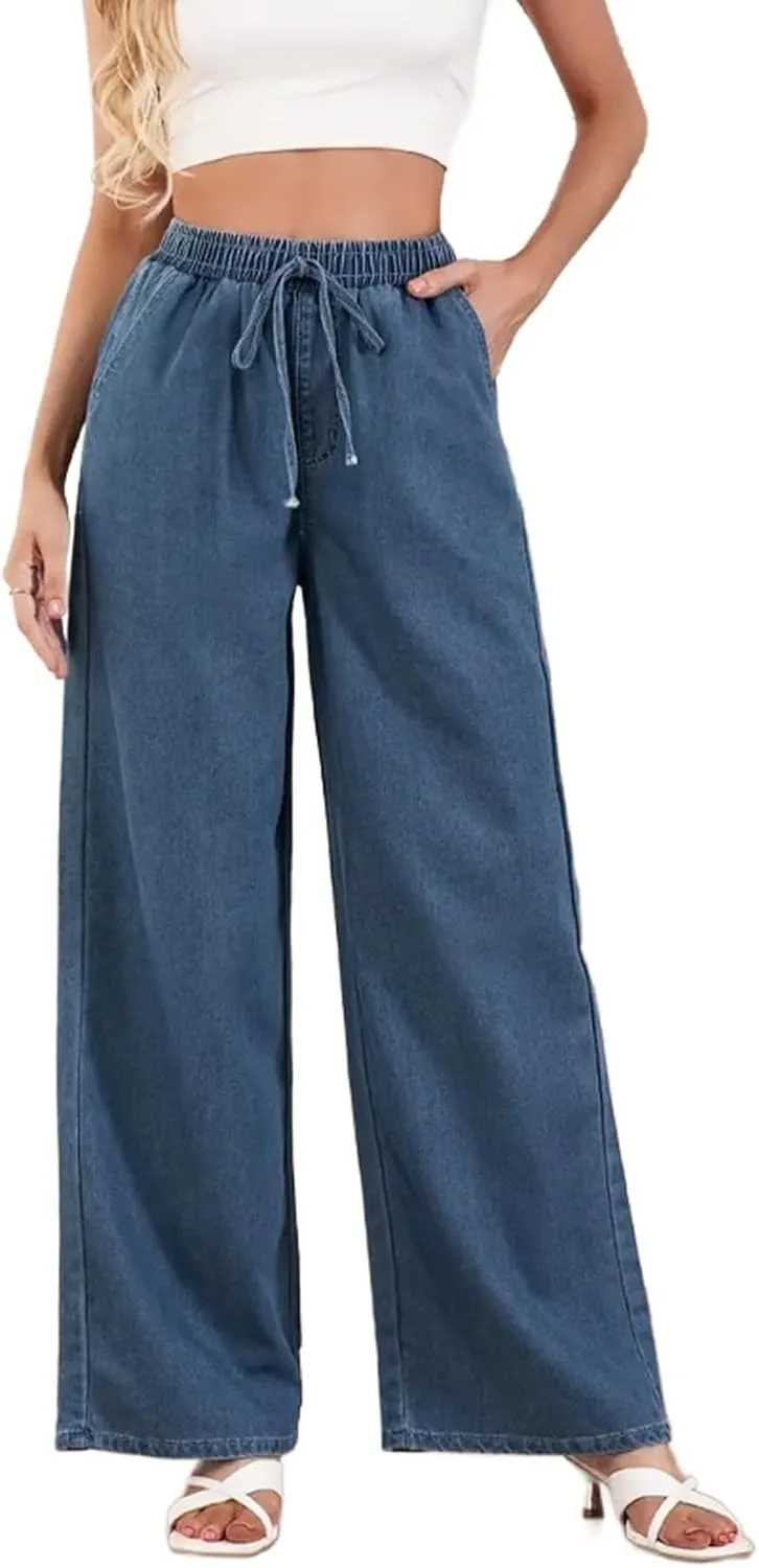 Женские повседневные джинсы Wide Leg — высокие палаццо с эластичным поясом и карманами