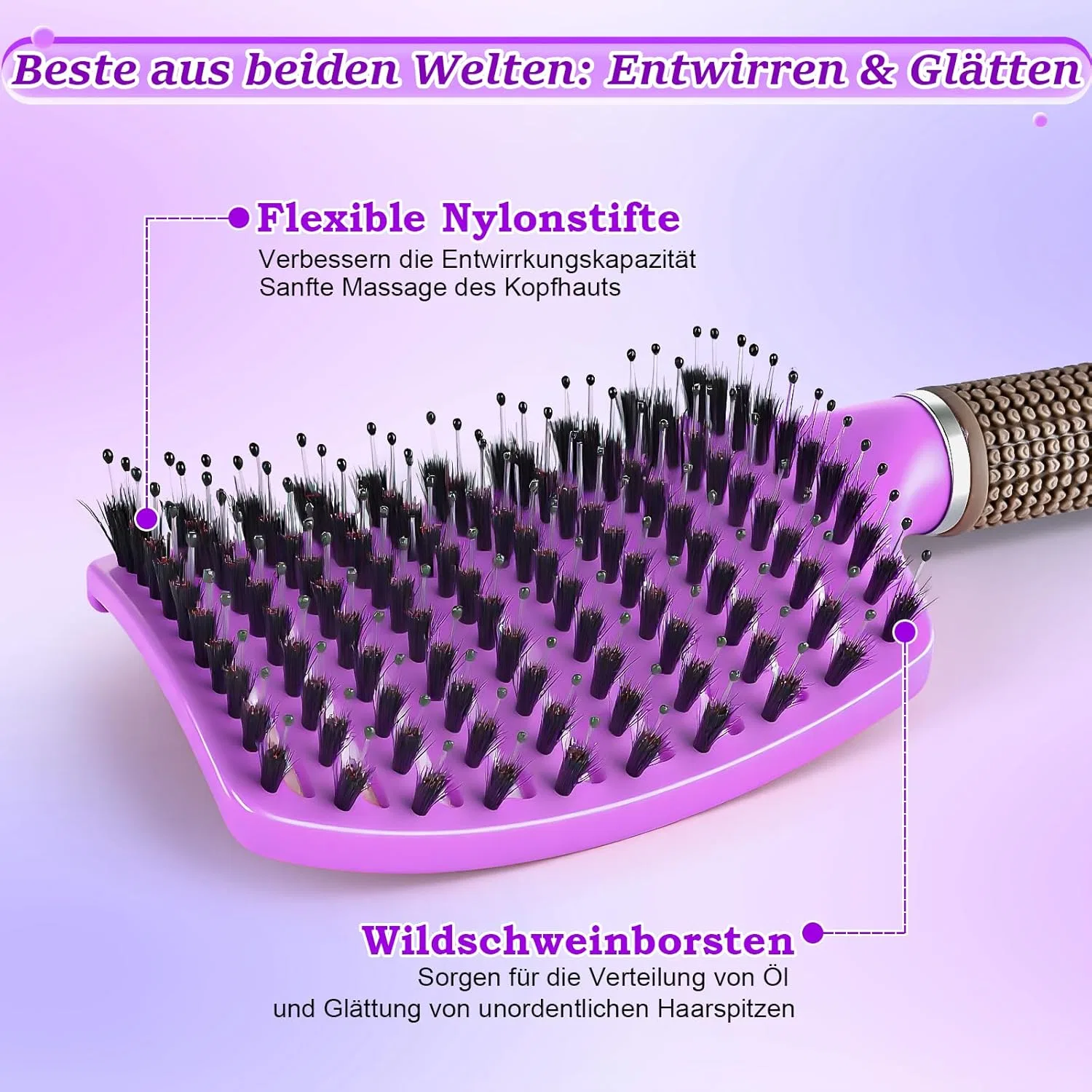 Щетка для волос с щетиной кабана, фиолетовая Belyesee, Purple — фото 2