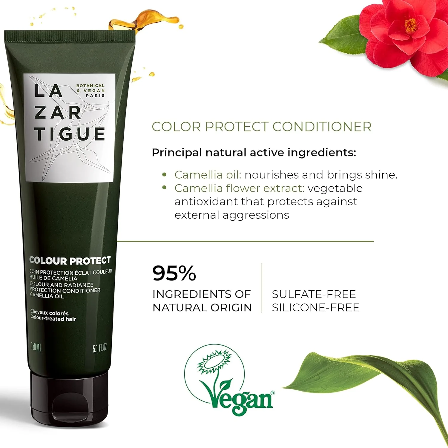 Кондиционер для защиты цвета Lazartigue Color Protect, на растительной основе, веганский, без сульфатов и силиконов, для защиты цвета и сияния кожи, с маслом камелии, 150 мл. white — фото 4