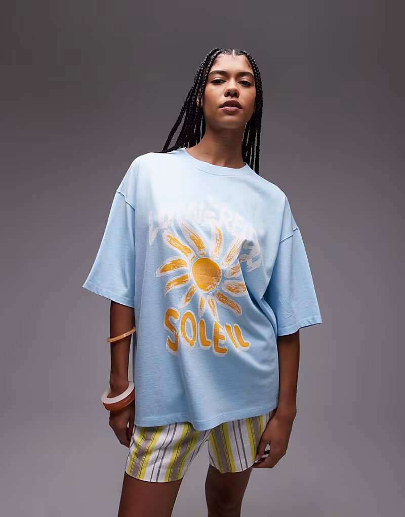 

Футболка оверсайз Soleil с графическим принтом Topshop светло-голубого цвета