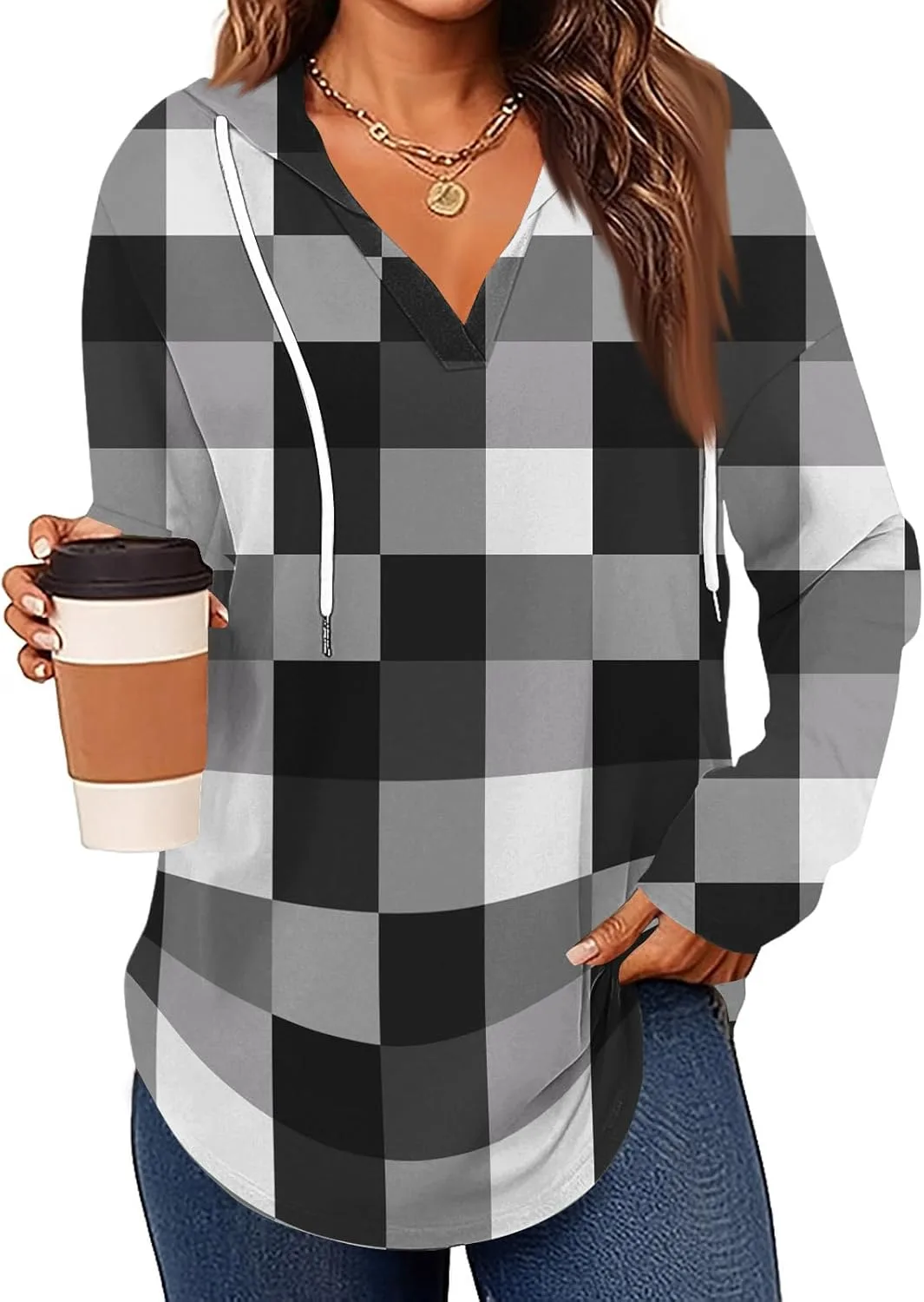 

Женская блузка с длинным рукавом и V-образным вырезом в клетку
