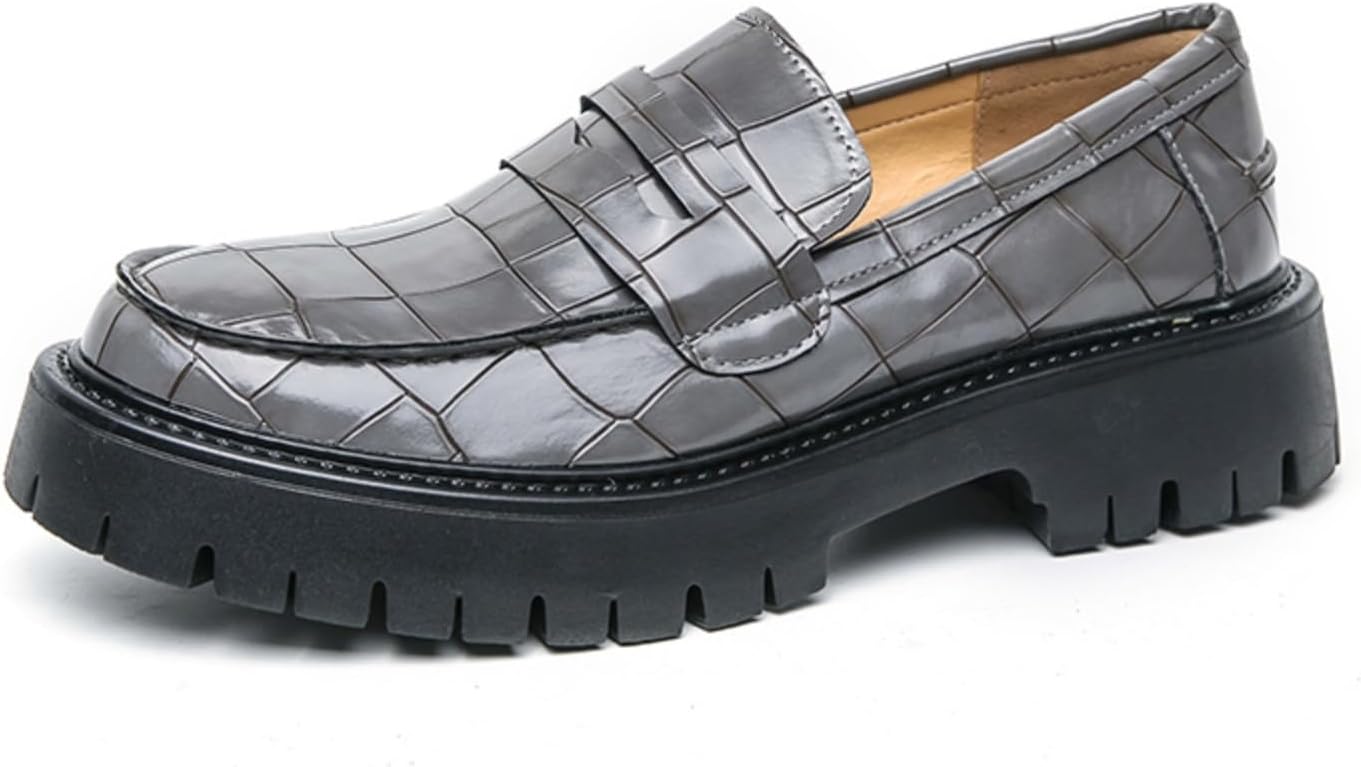 

Мужские лоферы с тиснением под крокодила, классический круглый носок, массивный каблук, модель без шнуровки с глянцевой поверхностью, деловая повседневная и формальная обувь Kpdwfms, серый