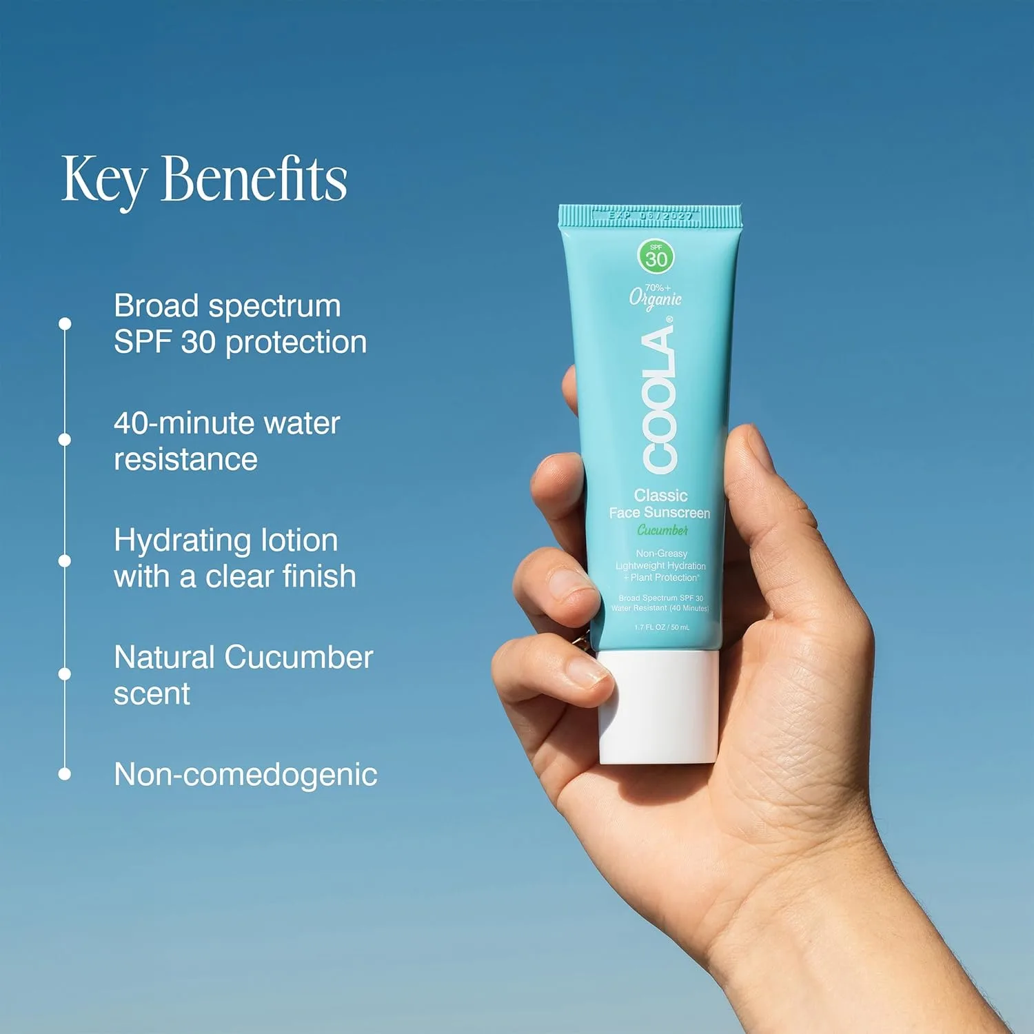 Солнцезащитный лосьон для лица COOLA Organic SPF 30, протестирован дерматологами, обеспечивает ежедневную защиту кожи, веганский и безглютеновый, с ароматом огурца, 45 мл. — фото 3