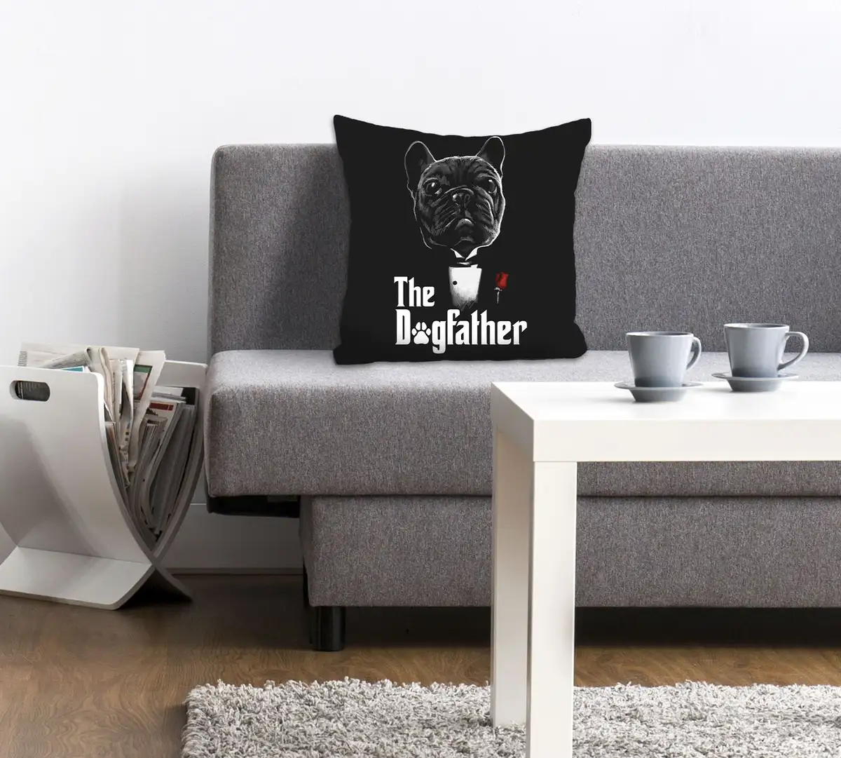 

Декоративная подушка Queence "THE DOGFATHER", с мопсом в костюме, чехол без наполнения, 1 шт 40х40 см, черный