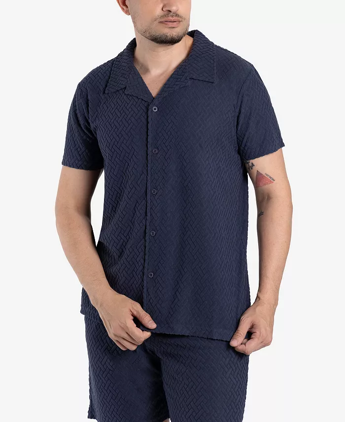 

Мужская повседневная текстурированная рубашка с коротким рукавом и отложным воротником на пуговицах SPRING + MERCER, синий