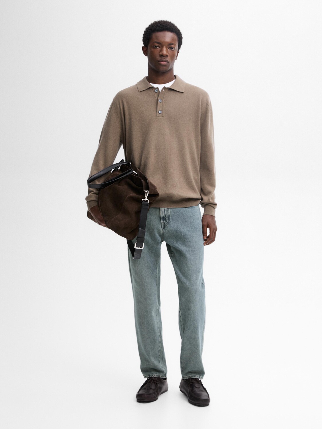 

Вязаный свитер из шелка и шерсти с воротником-поло Massimo Dutti, коричневый