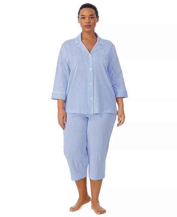 

Пижамный комплект с застежкой на пуговицах Plus Size (топ и брюки) Lauren Ralph Lauren, синий